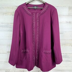 Dennis Basso 3X Plum Magenta Embellished Beaded‎ Jacket Open Front Career Blazer